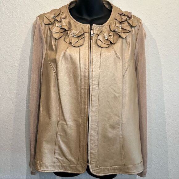 PETER NYGARD gold Zip-up leather jacket 🌺 rhinestones 🌺 EUC 🌺 large - Picture 1 of 9